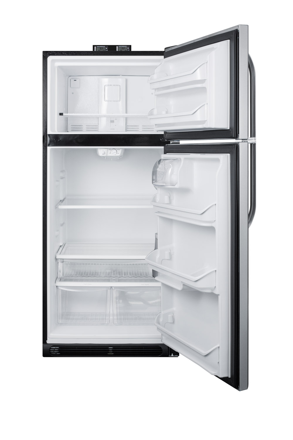 21 cu.ft. break room refrigerator-freezer with stainless steel doors, black cabinet, and NIST calibrated alarm/thermometers